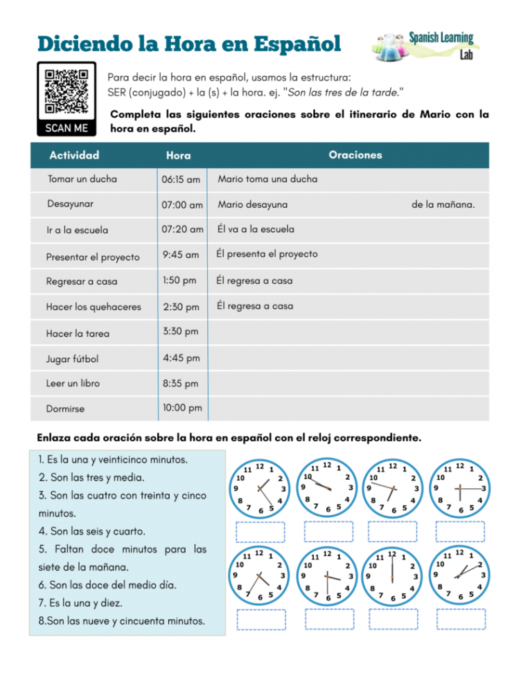 Telling Time in Spanish - PDF Worksheet - Spanish Learning Lab