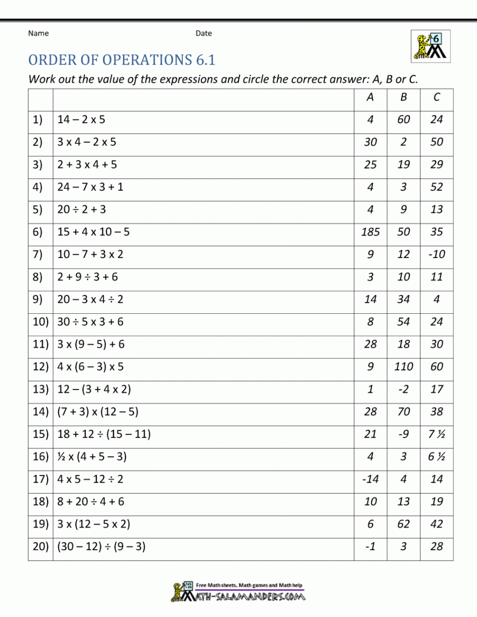 th Grade Order of Operations Worksheets