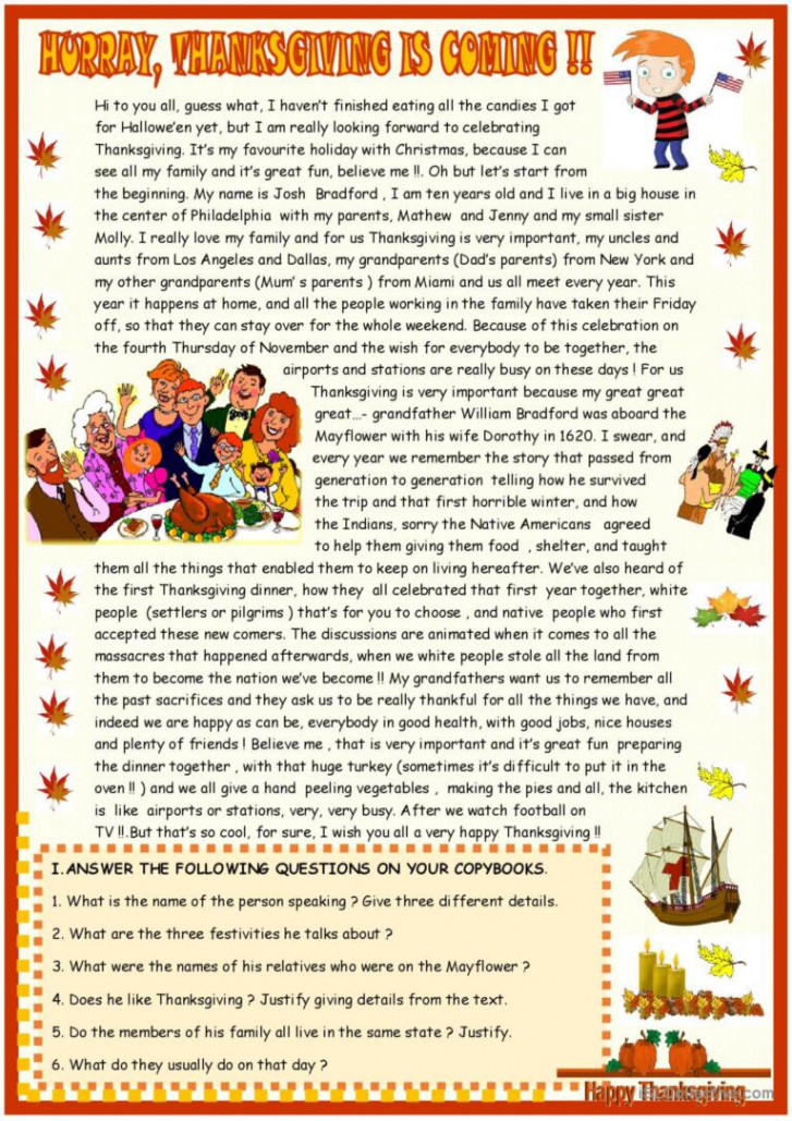 Thanksgiving : reading comprehension: English ESL worksheets pdf