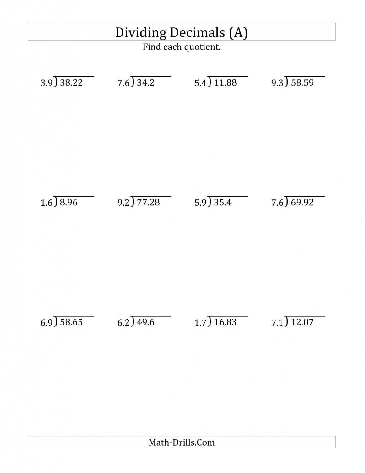 The Dividing Decimals by -Digit Tenths (A) math worksheet from