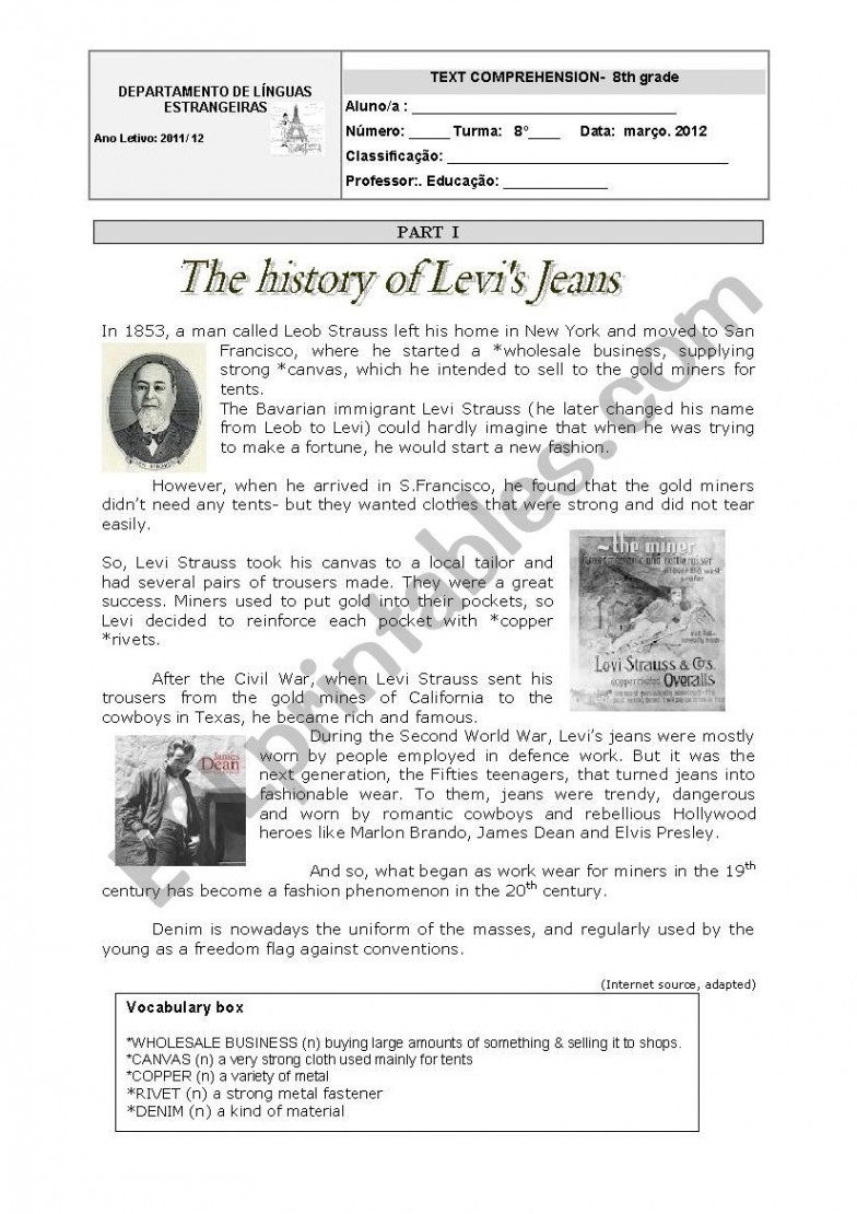 The history of Levi´s Jeans-th grade WS - ESL worksheet by NinaRaven