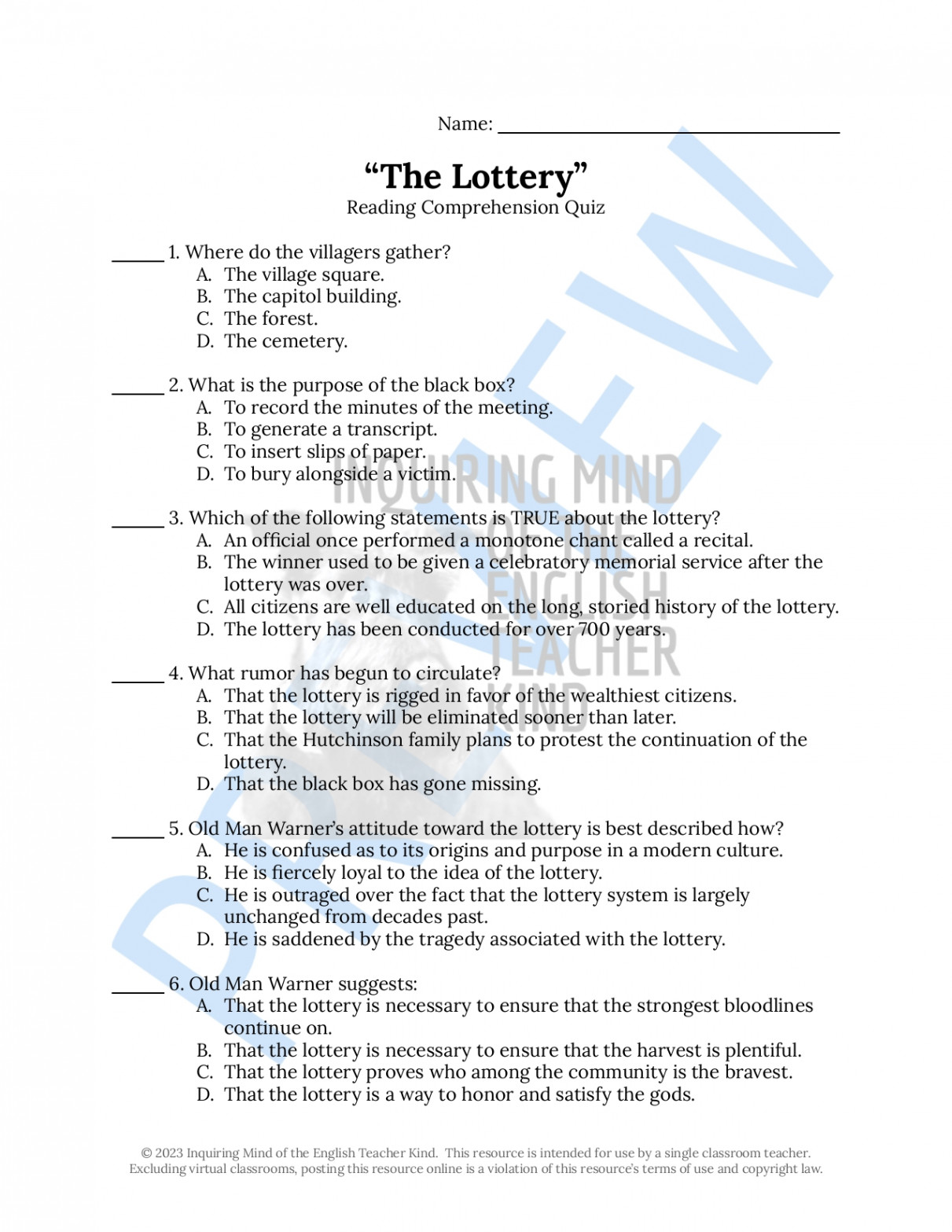 "The Lottery" by Shirley Jackson Quizzes and Answer Keys