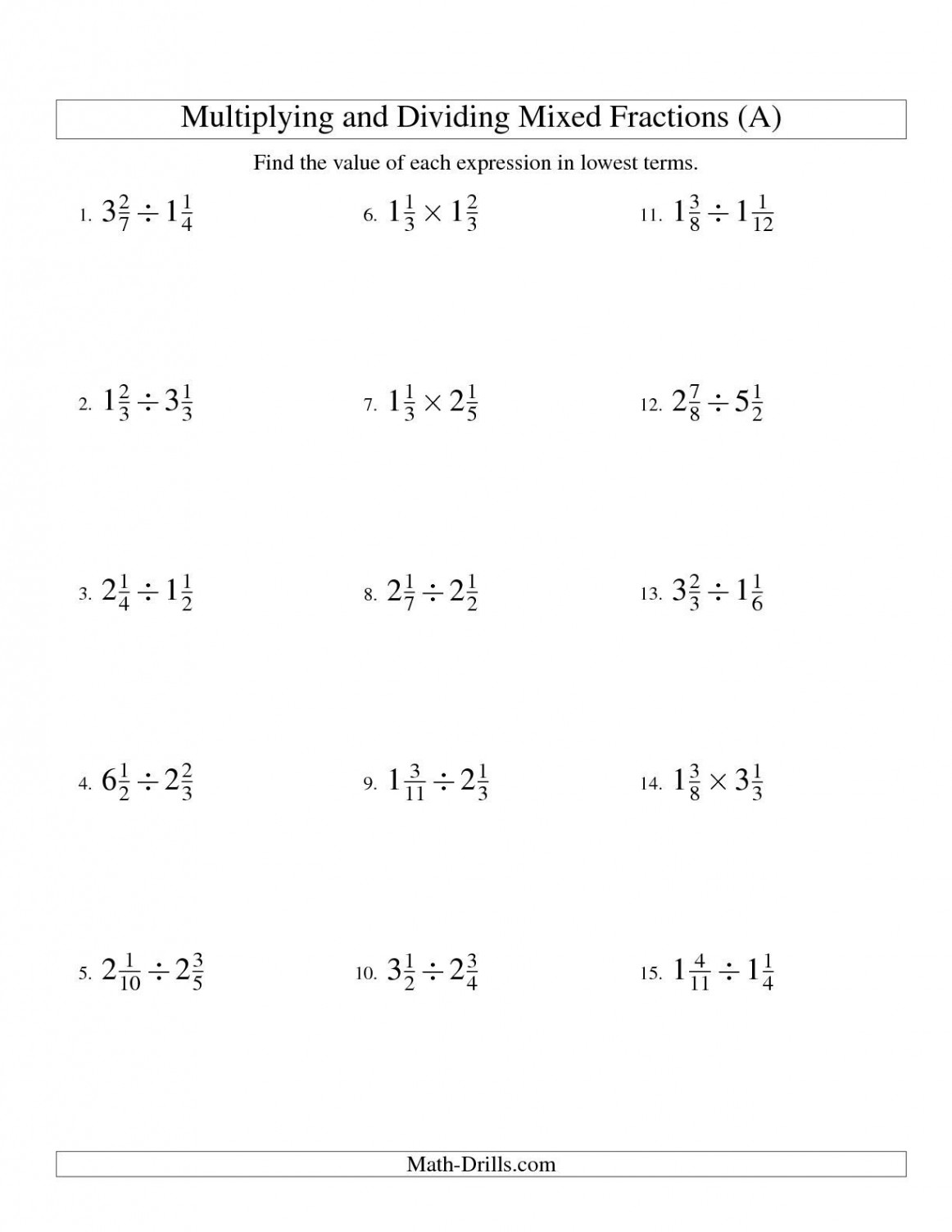 The Multiplying and Dividing Mixed Fractions (A) math worksheet