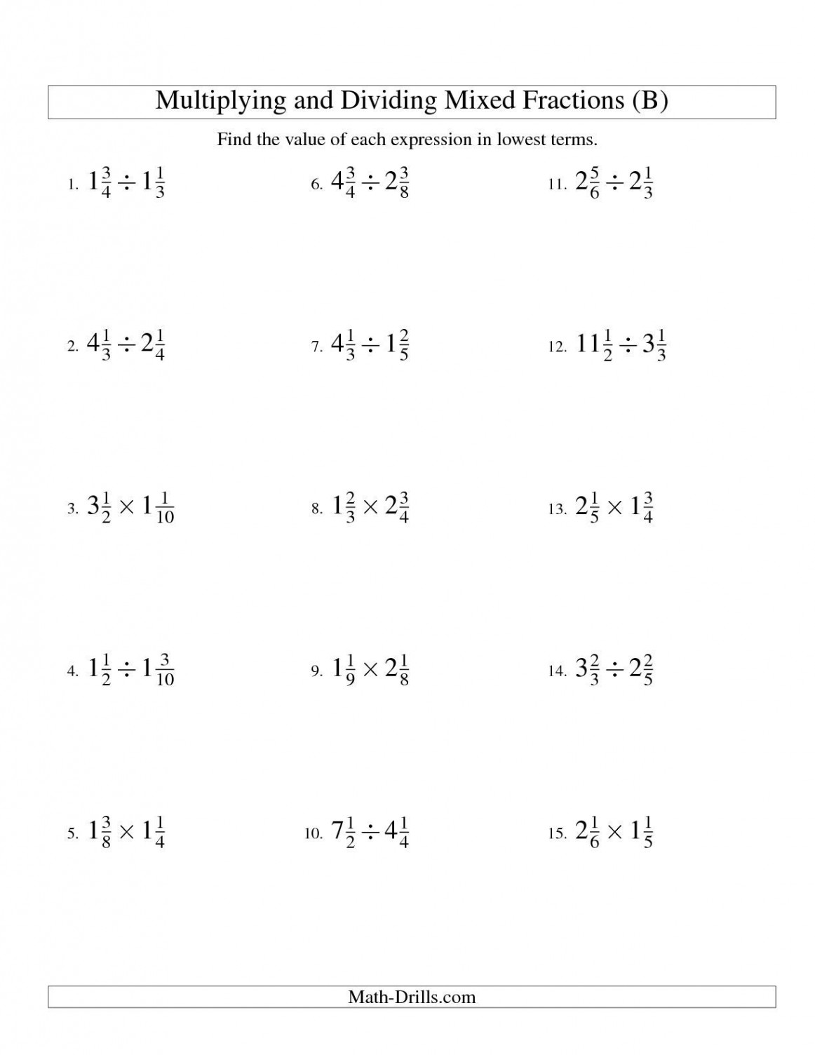 The Multiplying and Dividing Mixed Fractions (B) math worksheet