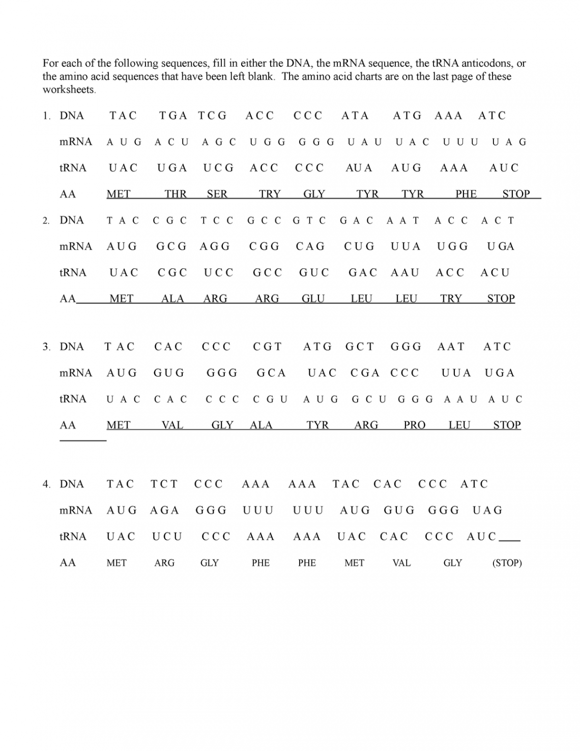 Transcription and Translation Practice - For each of the following