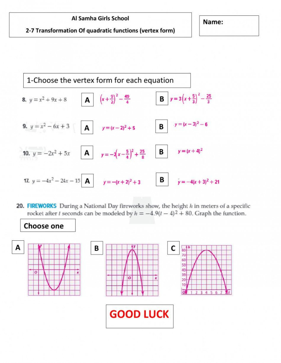 Transformations of quadratic equations(vertex form) worksheet