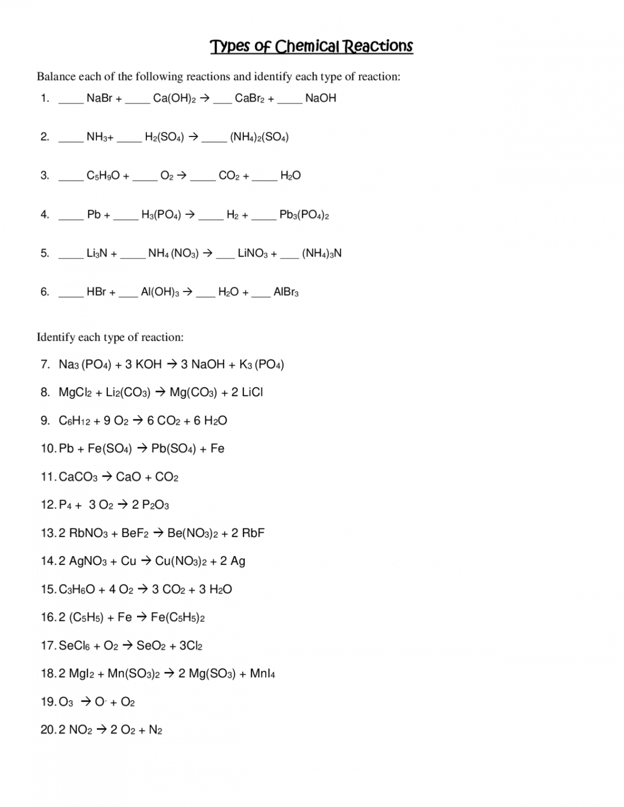 Types of Chemical Reaction Worksheet  Lecture notes Chemistry