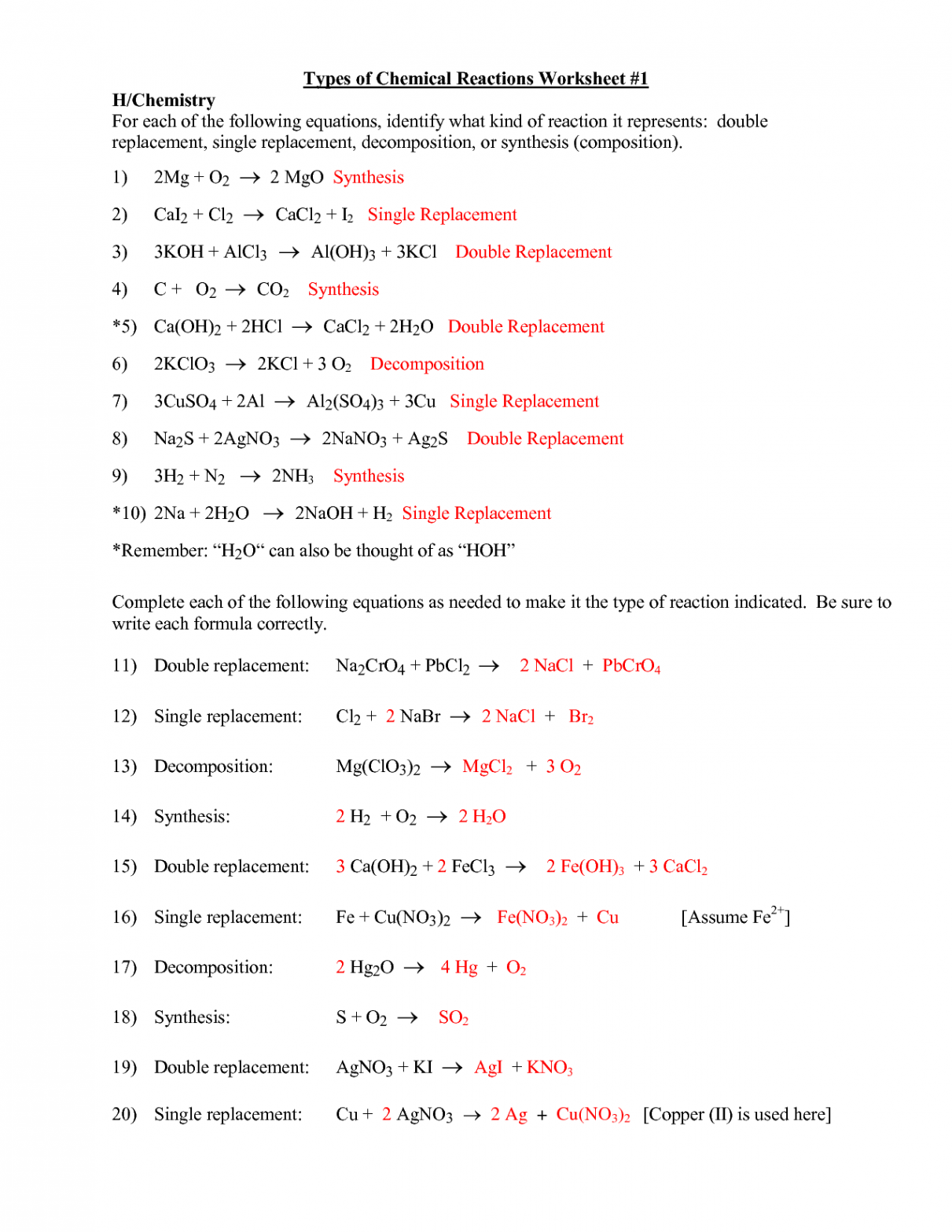 Types Of Chemical Reactions Worksheets Answer Key  Chemistry