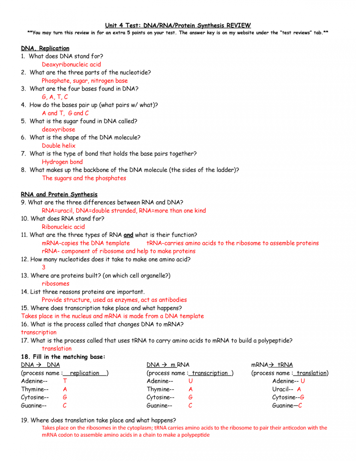 Unit  review- DNA-RNA Review ANswers and key issue