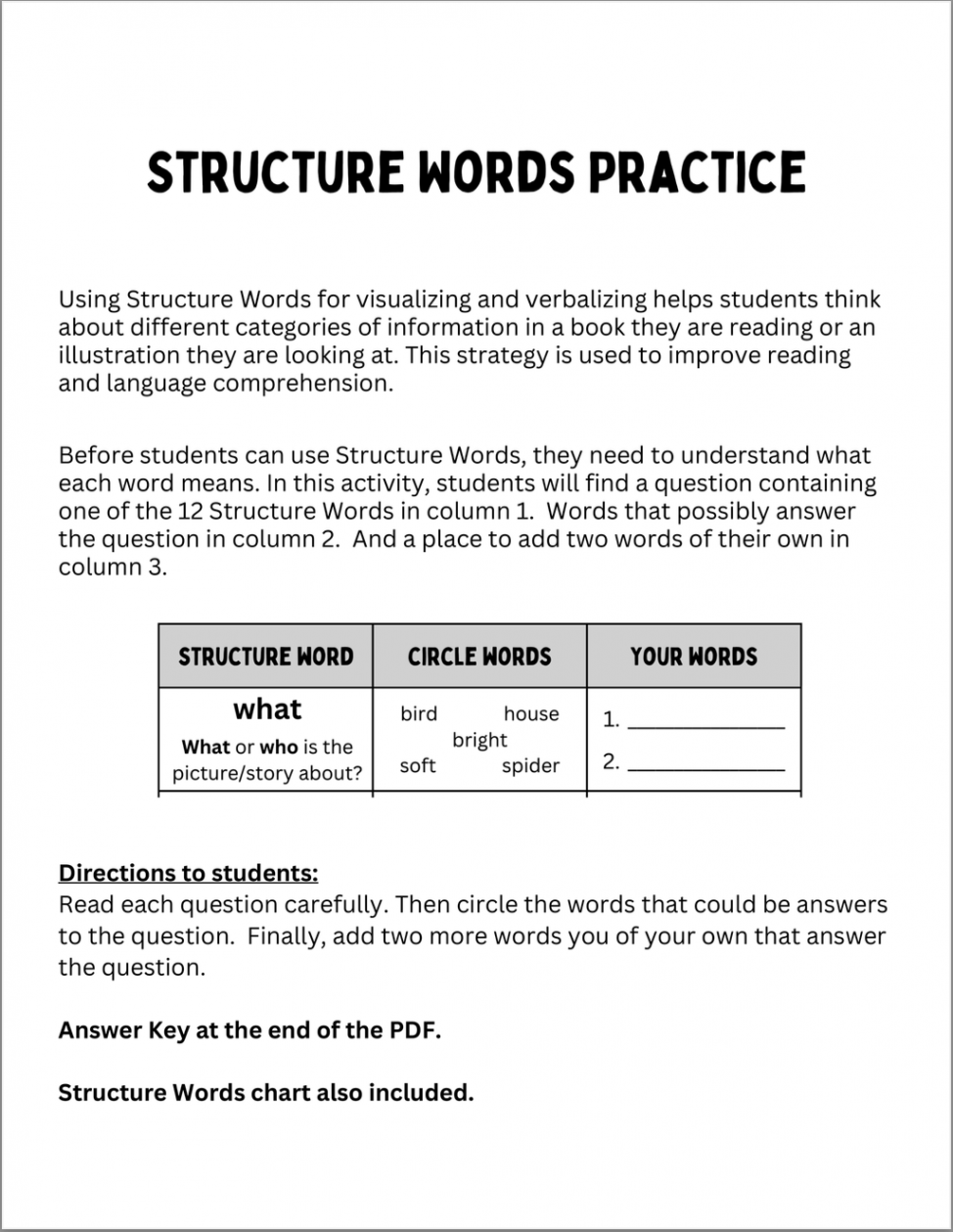 Visualize & Verbalize Structure Word Practice Activity for Reading  Comprehension