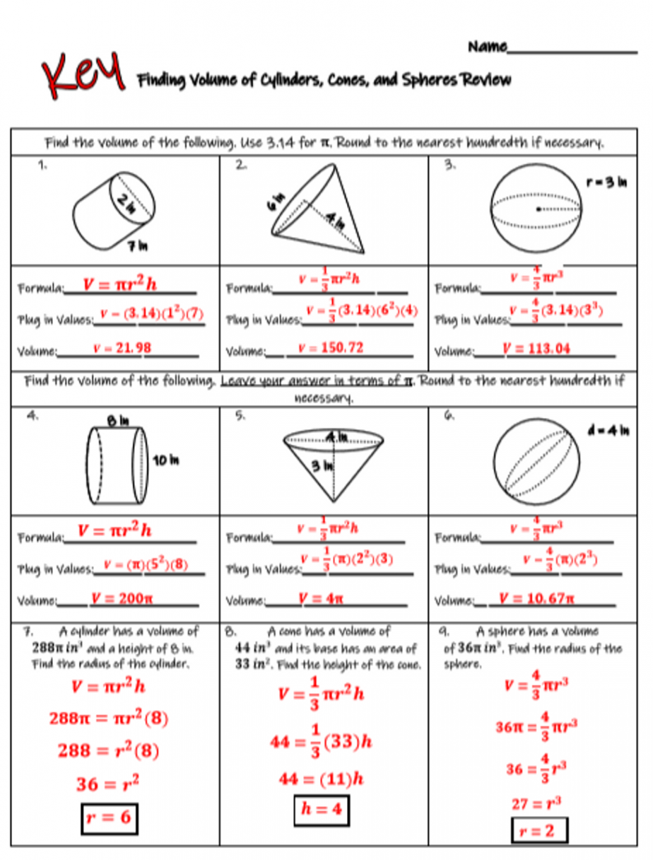 Volume of Cylinders, Cones, and Spheres Review with Word Problems