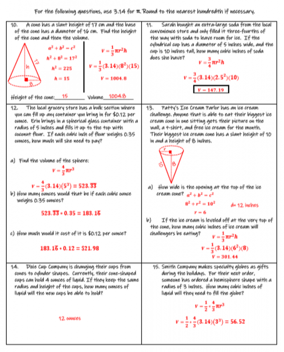 Volume of Cylinders, Cones, and Spheres Review with Word Problems