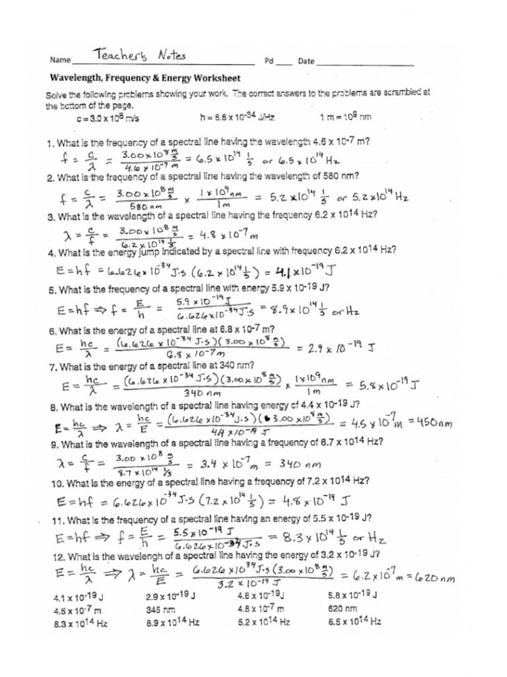 Wavelength Frequency and Energy Worksheet Answers  PDF