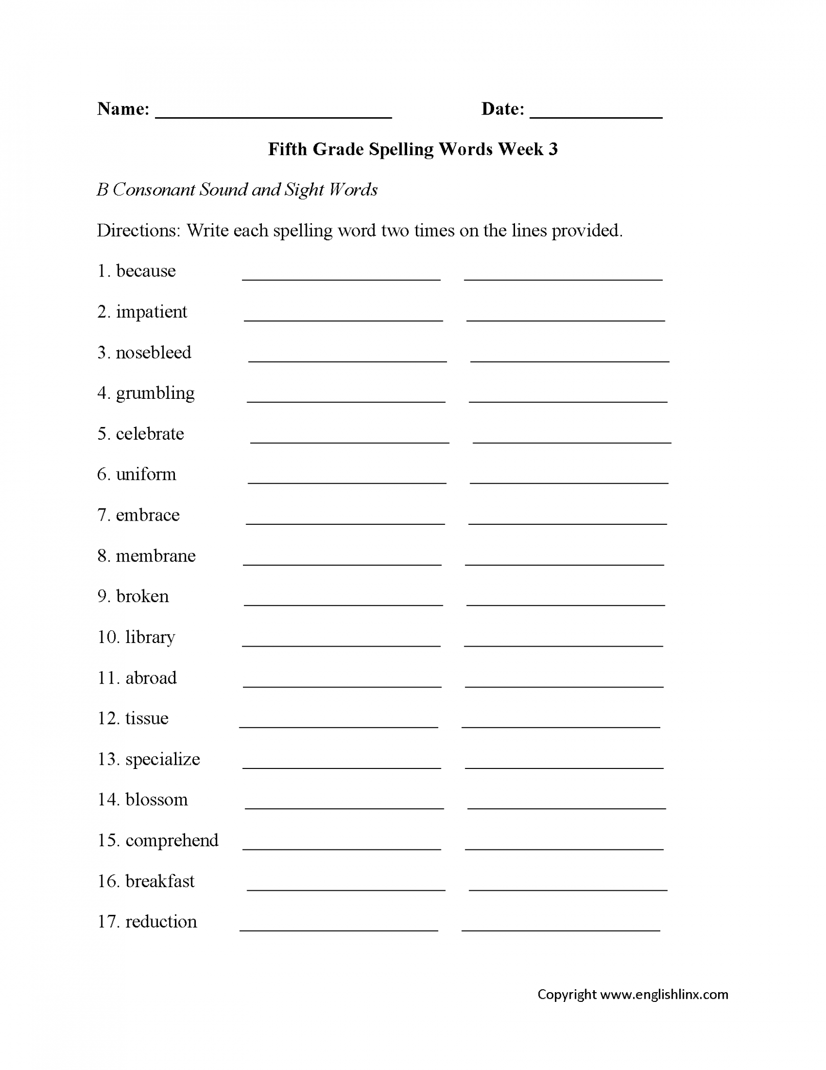 Week  B Consonant Fifth Grade Spelling Worksheets  Grade