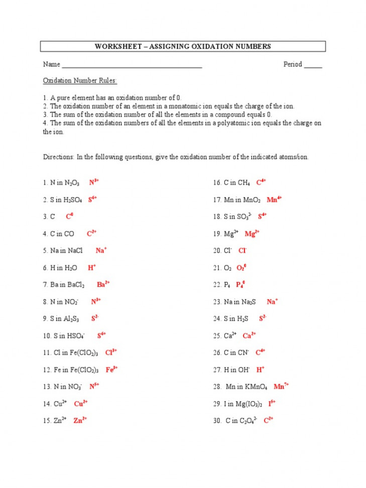 Worksheet - Assigning Oxidation Numbers - Key  PDF