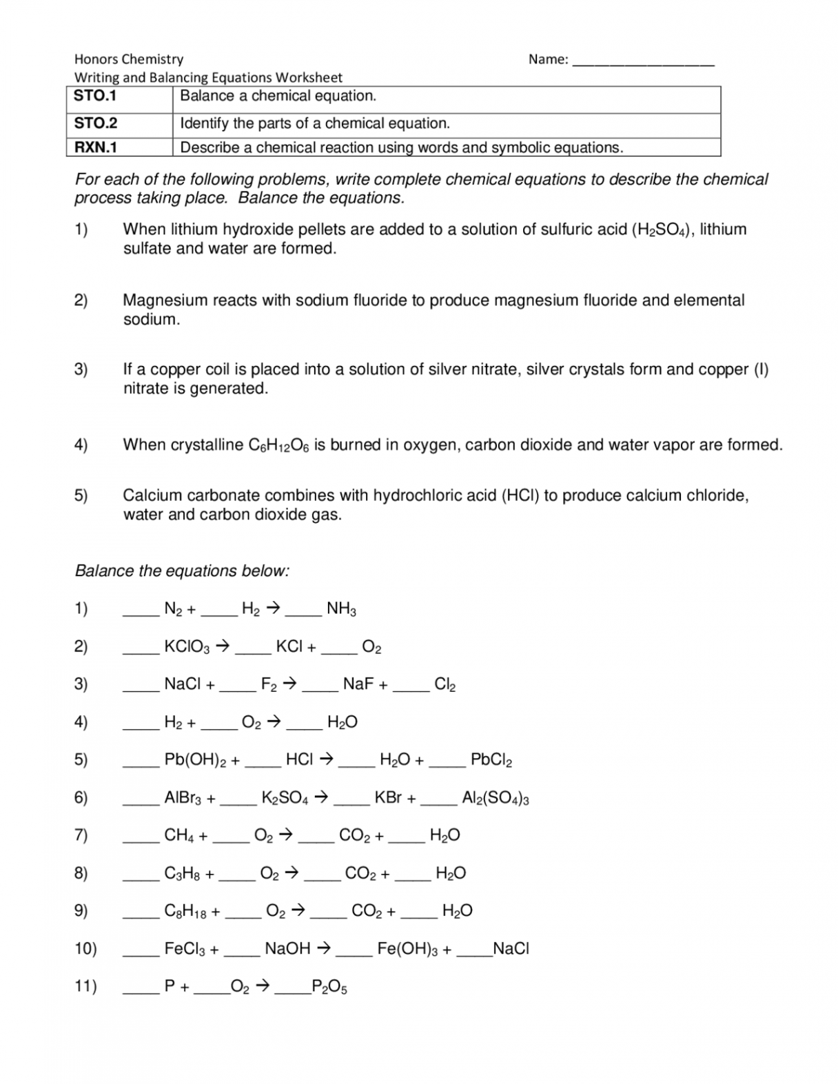 Worksheet- Balancing Equations