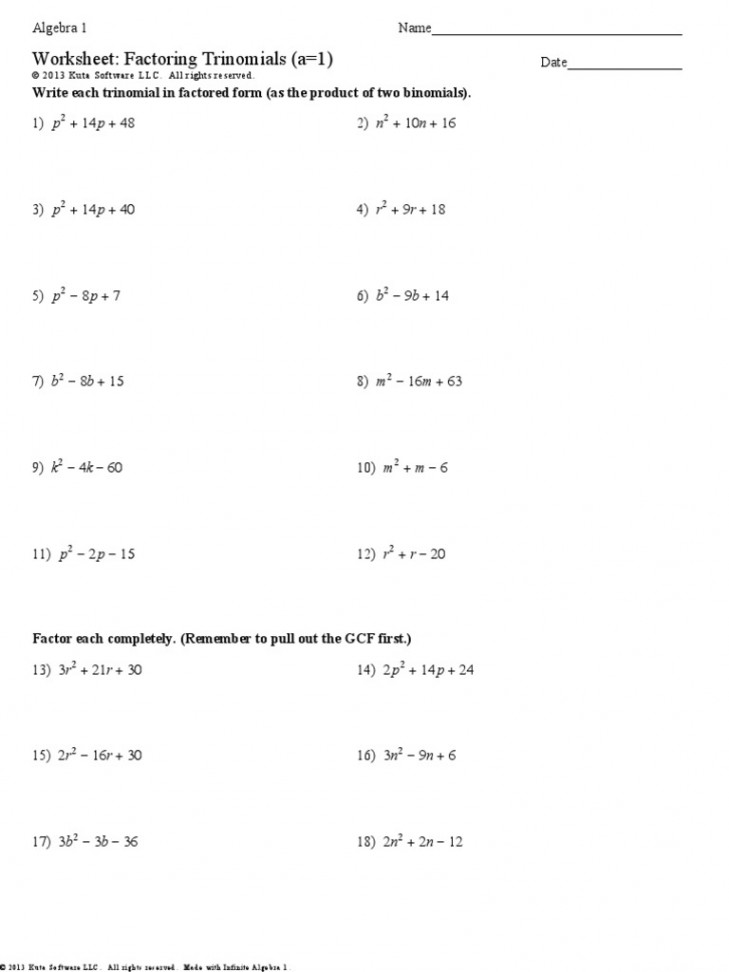 Worksheet Factoring Trinomials A  PDF