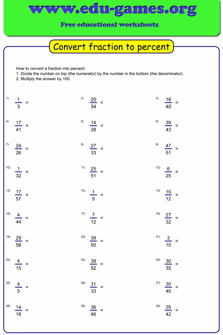 worksheet maker to convert fractions into percentages