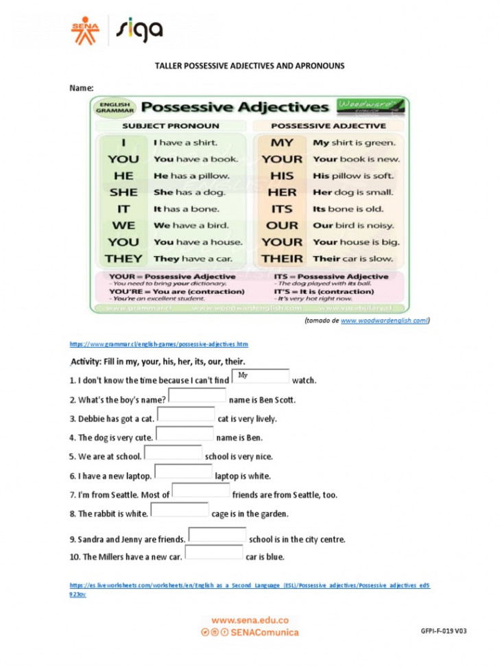 Worksheet - Possessive Adjectives and Pronouns  PDF  Noun