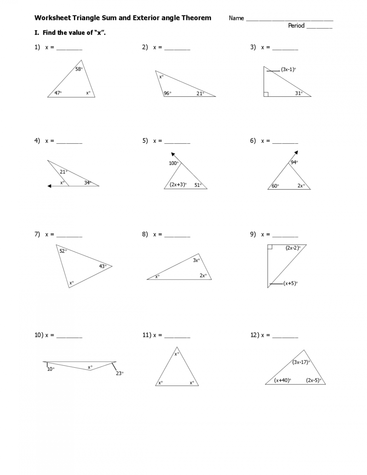 Worksheet Triangle Sum and Exterior angle Theorem  Slides