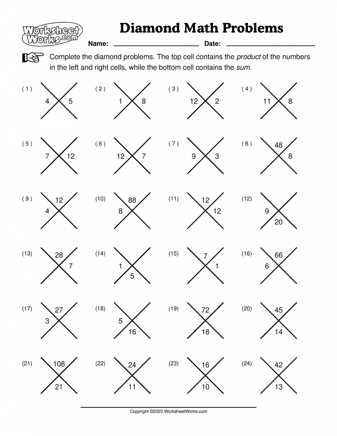 Worksheet Works Diamond Math Problems  - V Complete the