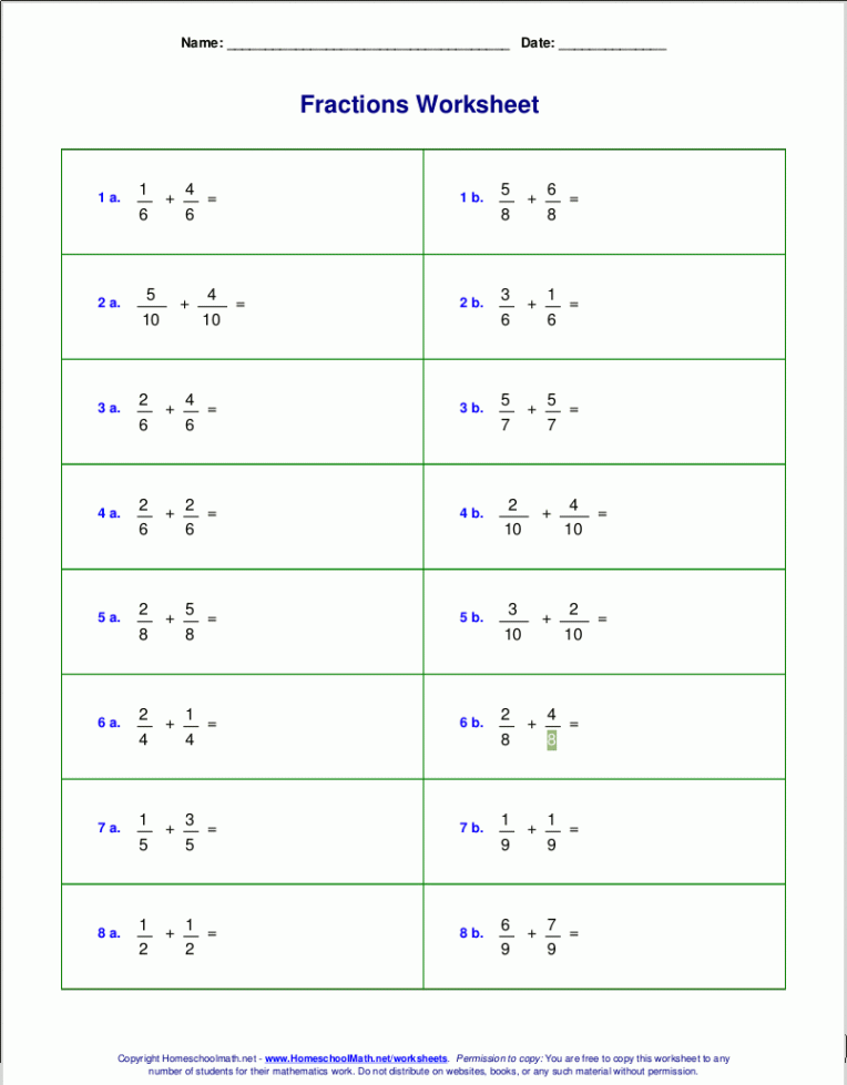 Worksheets for fraction addition