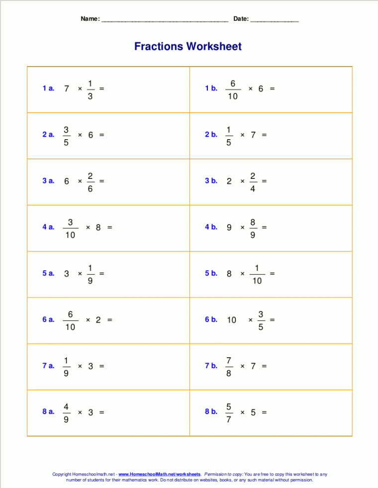 Worksheets for fraction multiplication