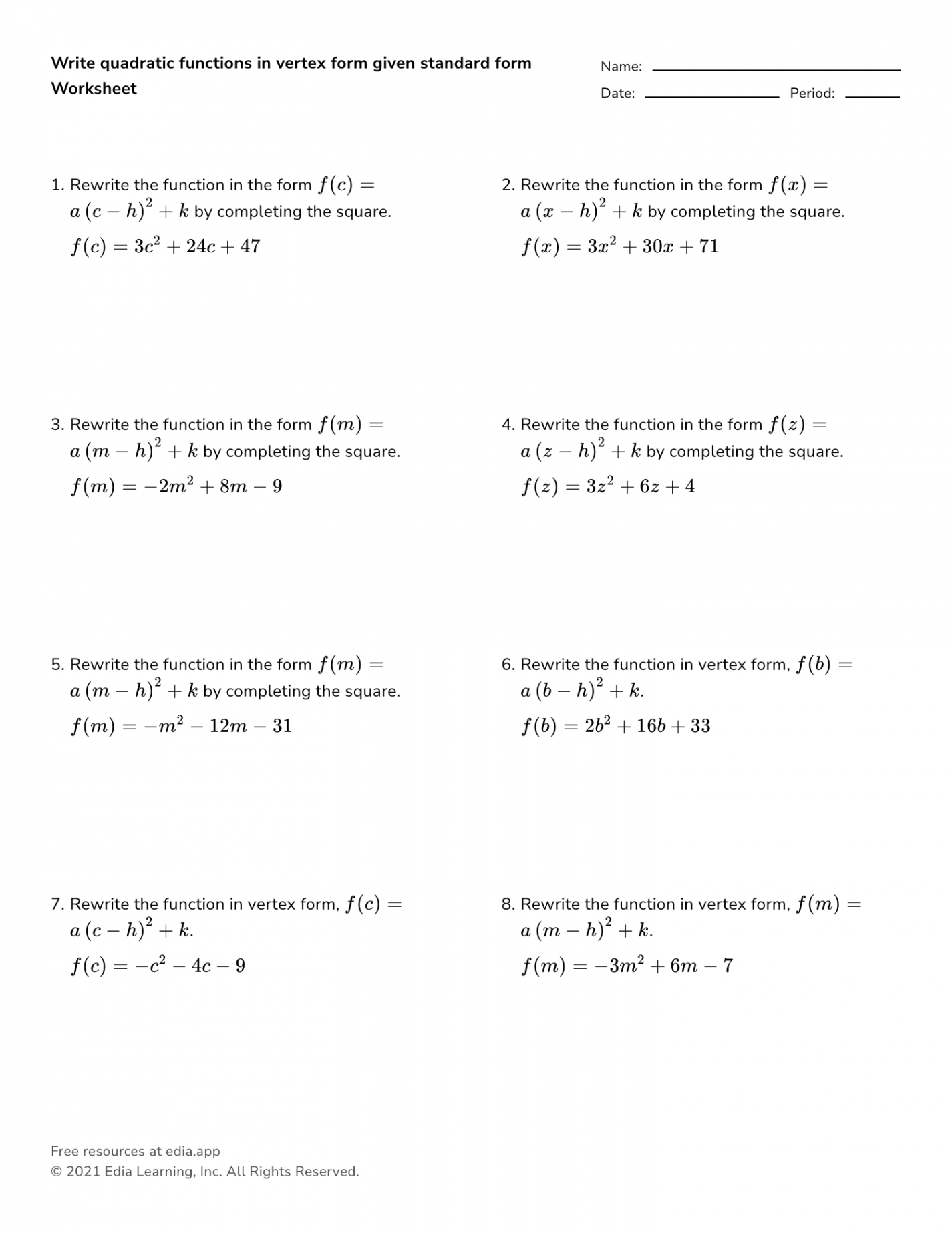 Write Quadratic Functions In Vertex Form Given Standard Form