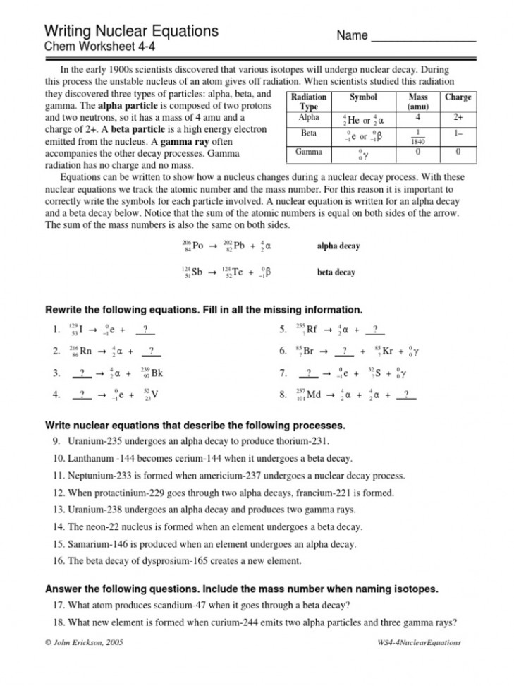 Writing Nuclear Equations: Name - Chem Worksheet -  PDF