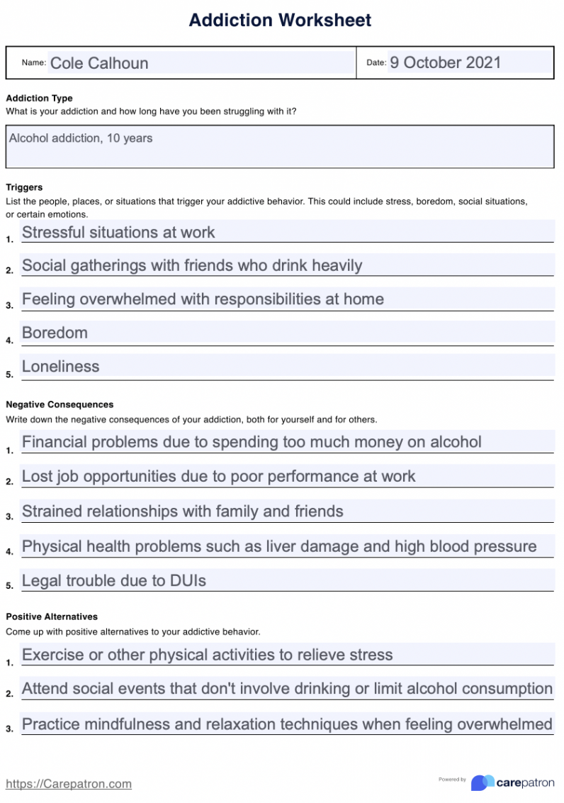 Addiction Worksheet & Example  Free PDF Download