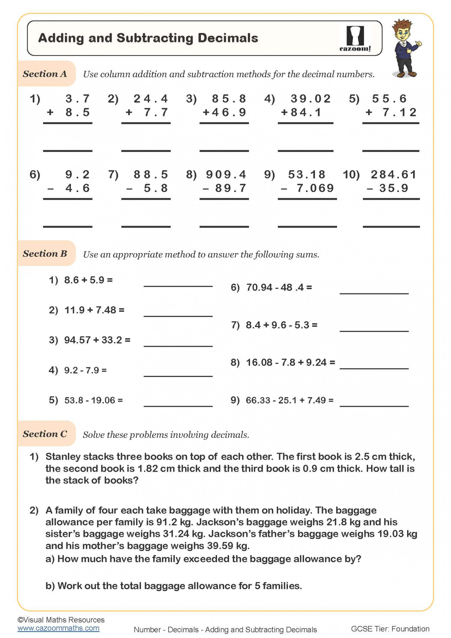 Adding and Subtracting Decimals Worksheet  PDF Printable Worksheet