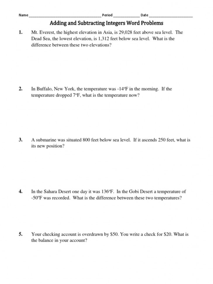 Adding and Subtracting Integers Word Problems Worksheet  PDF