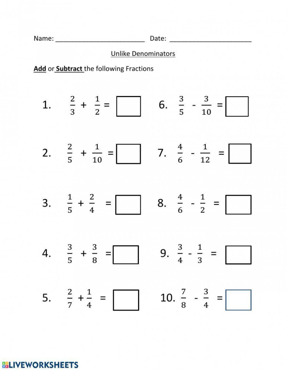 Adding and Subtracting Unlike Denominators worksheet  Live Worksheets