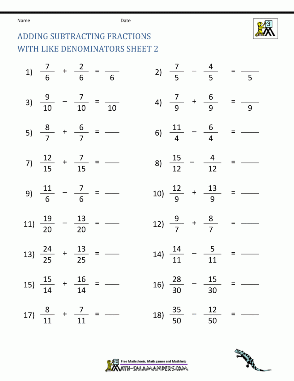 Adding Fractions With Like Denominators Worksheets