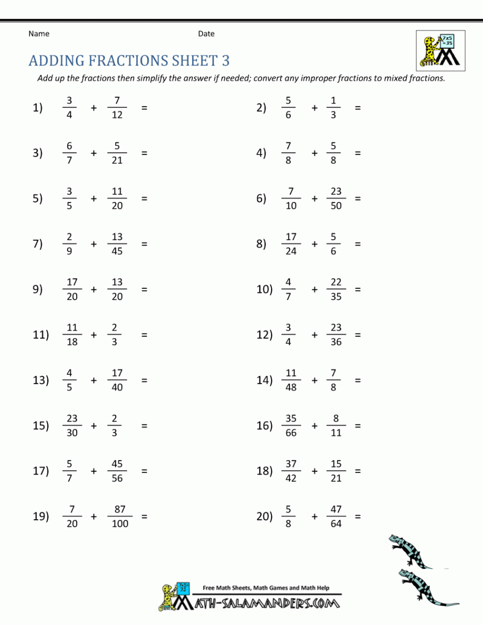 Adding Fractions Worksheets