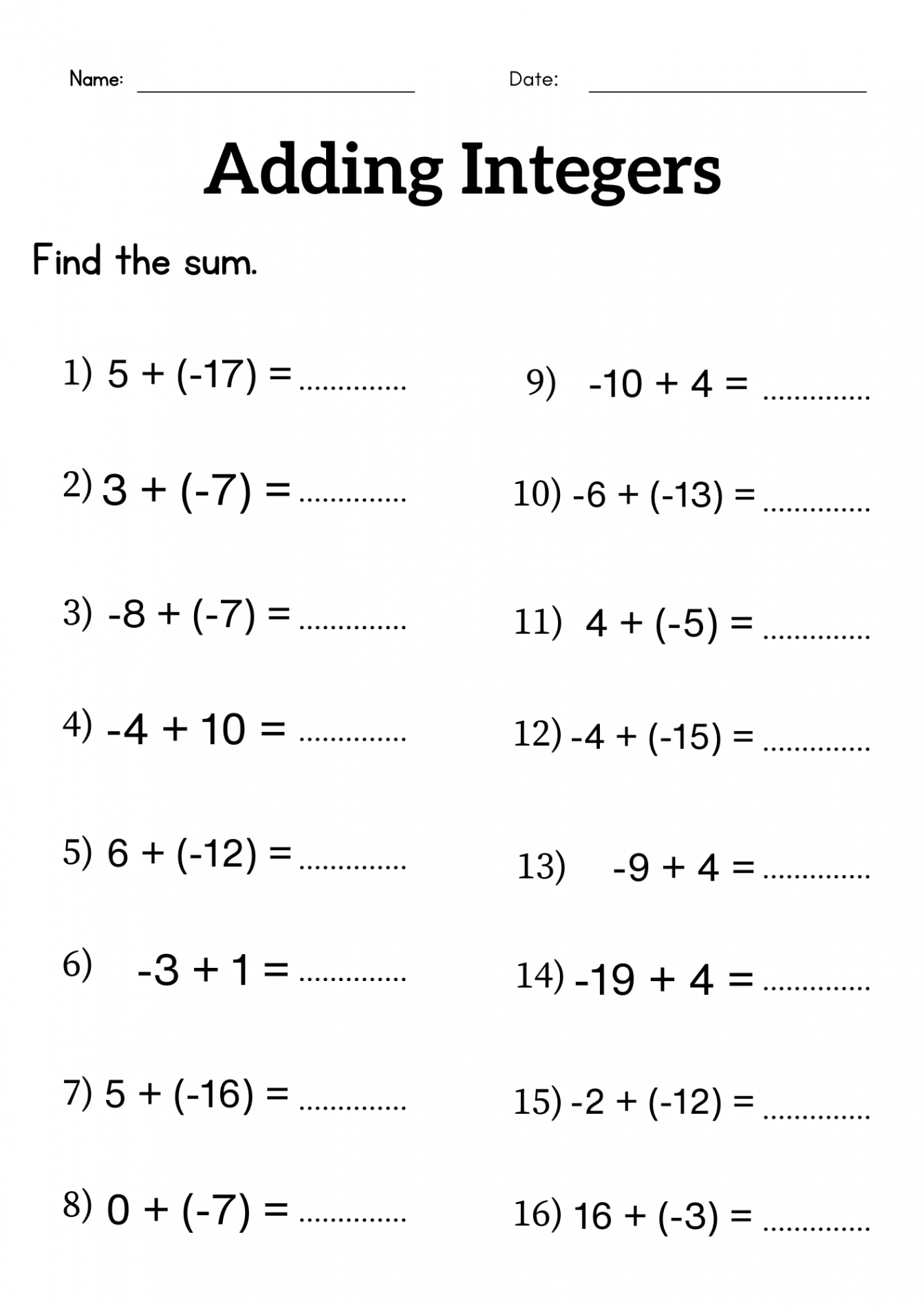 Adding integers worksheet grade  or  - addition of integers