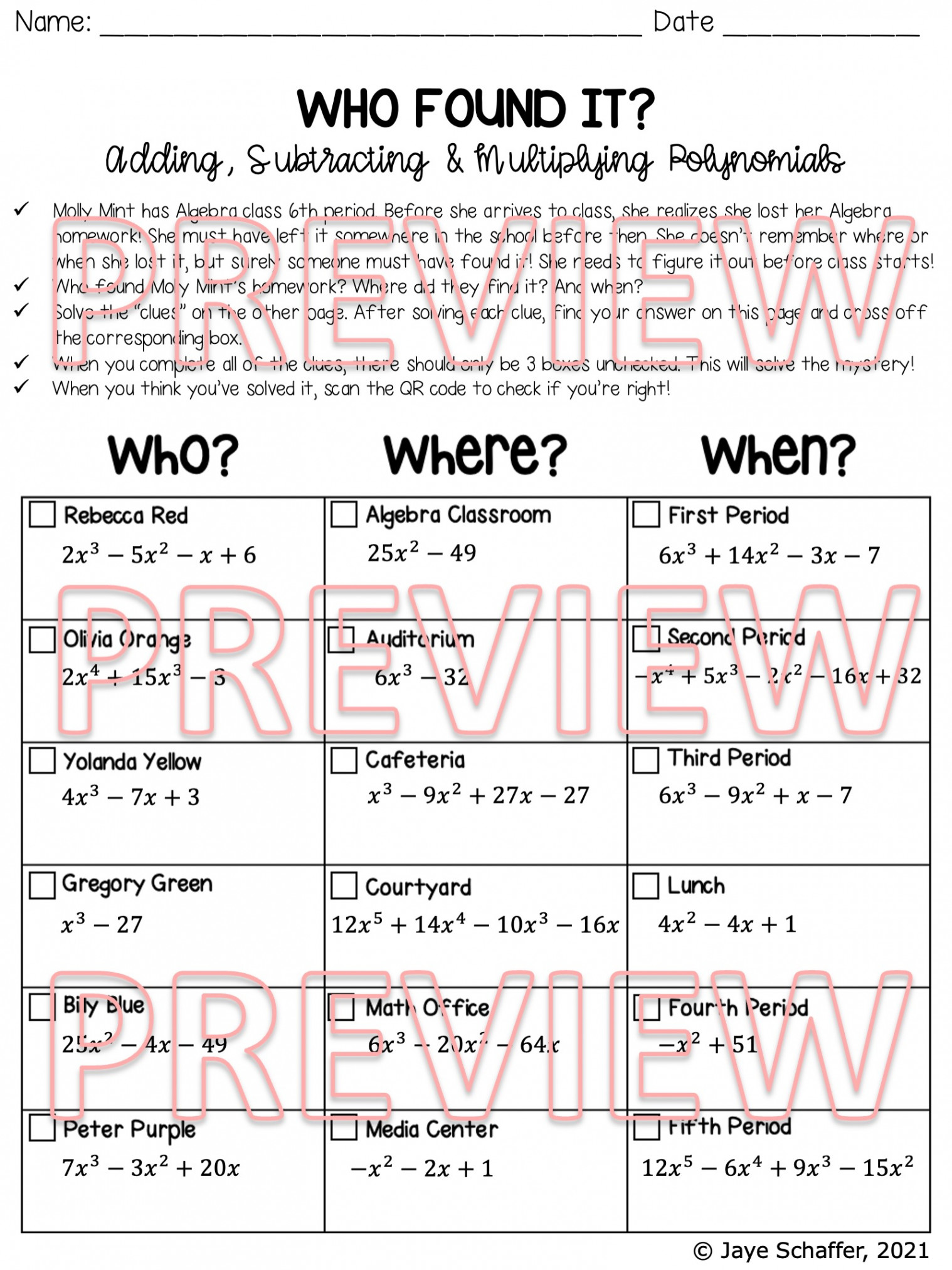 Adding, Subtracting and Multiplying Polynomials Clue Mystery Activity