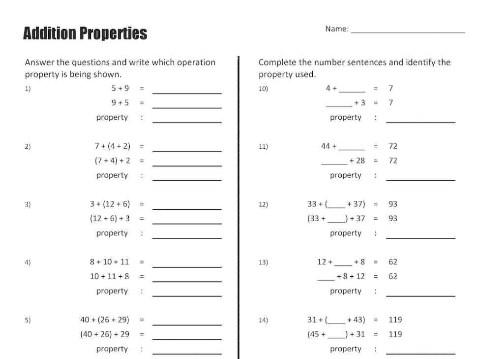 Addition and multiplication properties Two worksheets for students