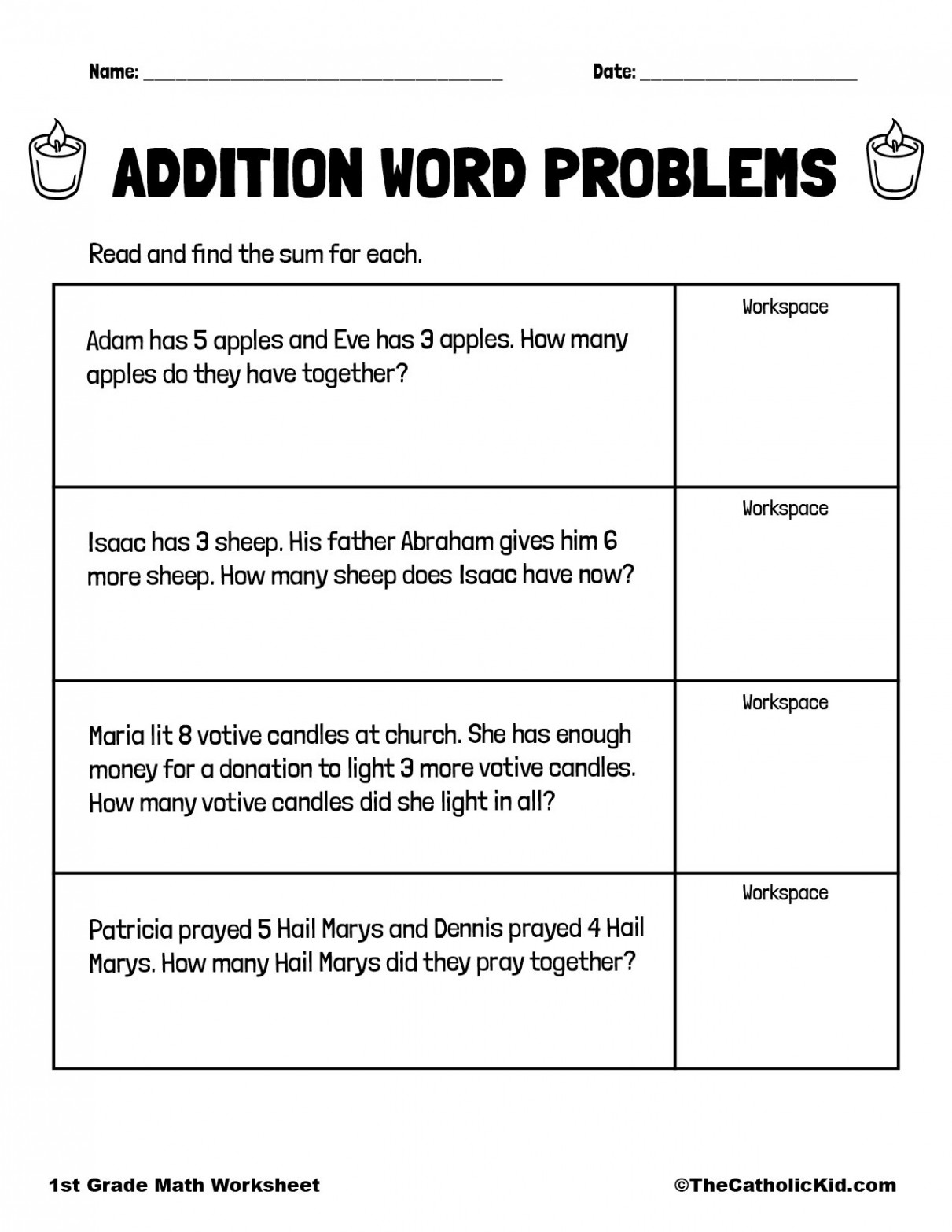 Addition Word & Story Problems - st Grade Math Worksheet Catholic