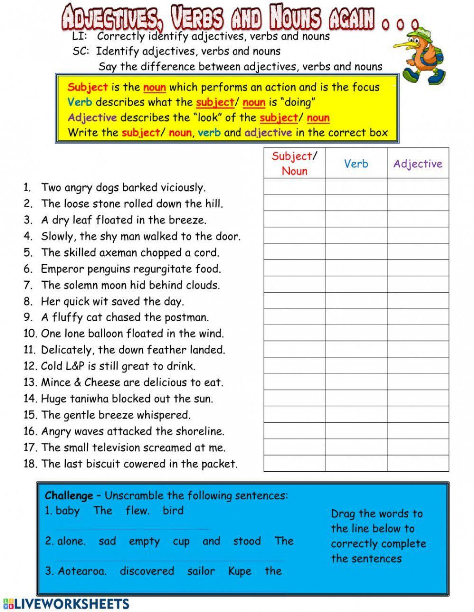 Adjectives Verbs and Nouns Again worksheet  Live Worksheets