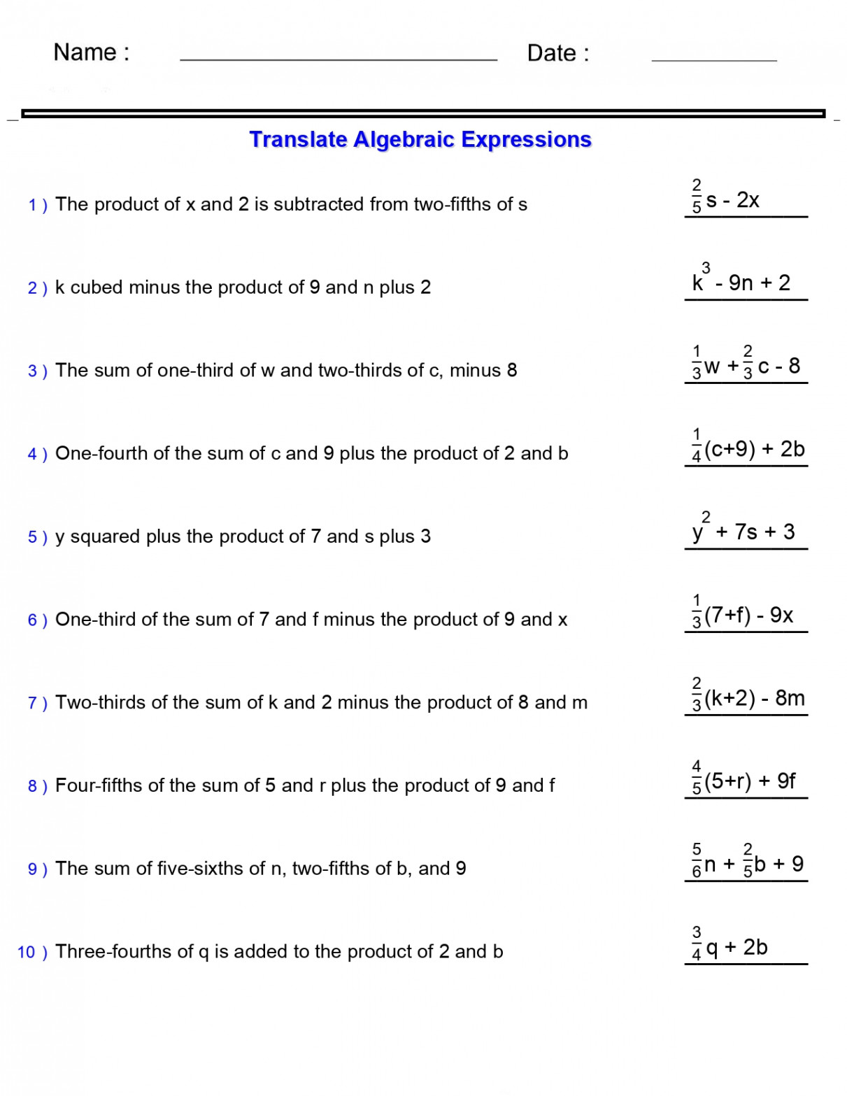 Algebraic Expressions -Translate Phrases Worksheets - Hard (Two and Three  Terms