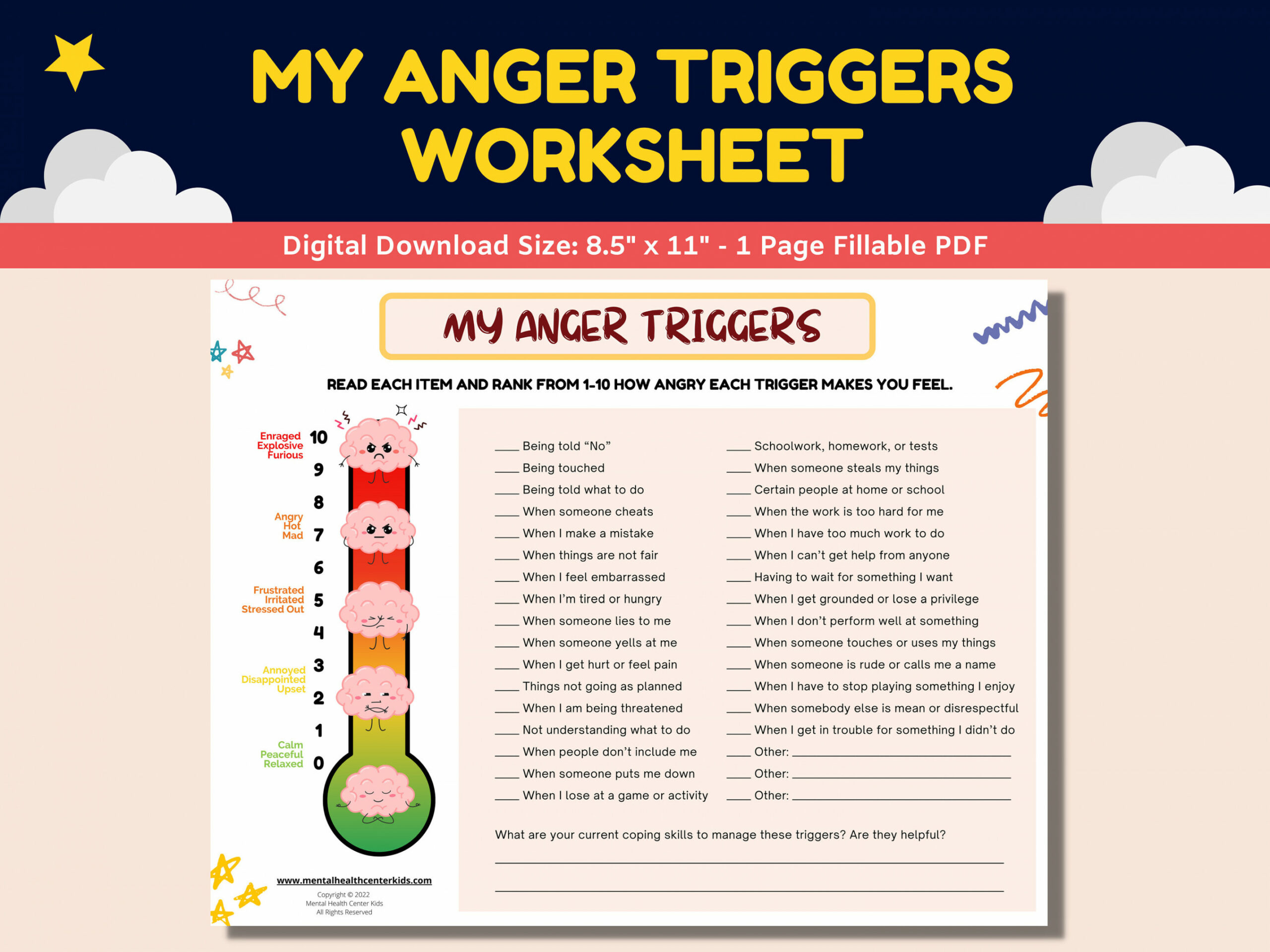 Anger Triggers Fillable Worksheet Kids Children With Anger - Etsy