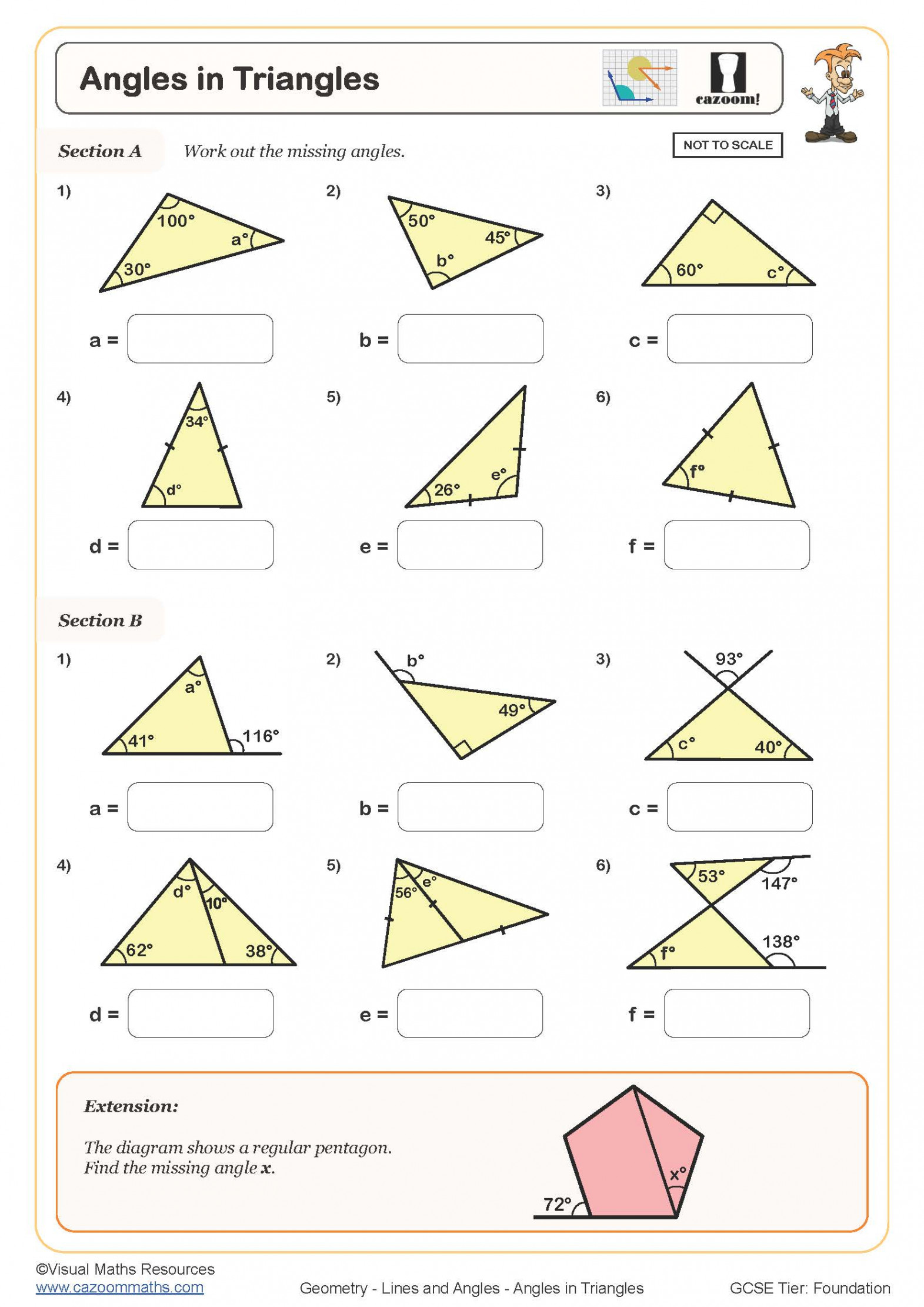 Angles in Triangles  Cazoom Maths Worksheets