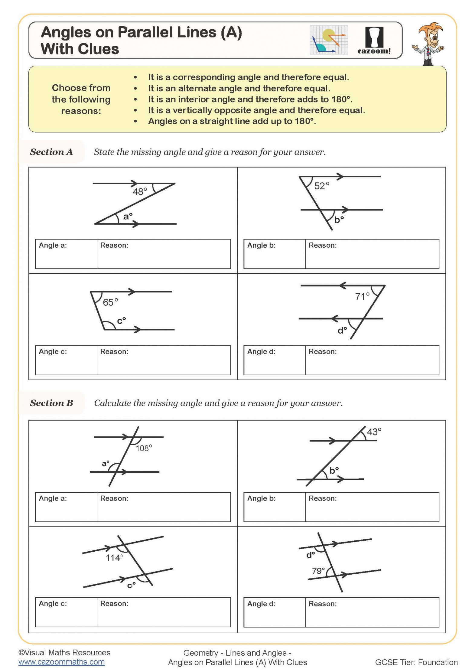 Angles on Parallel Lines (A) (With Clues) Worksheet  Fun and