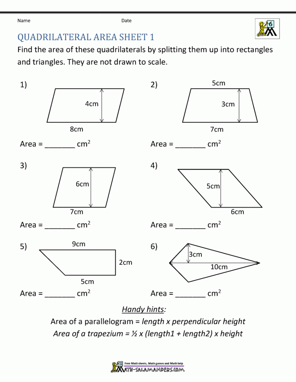 Area of Quadrilateral Worksheets