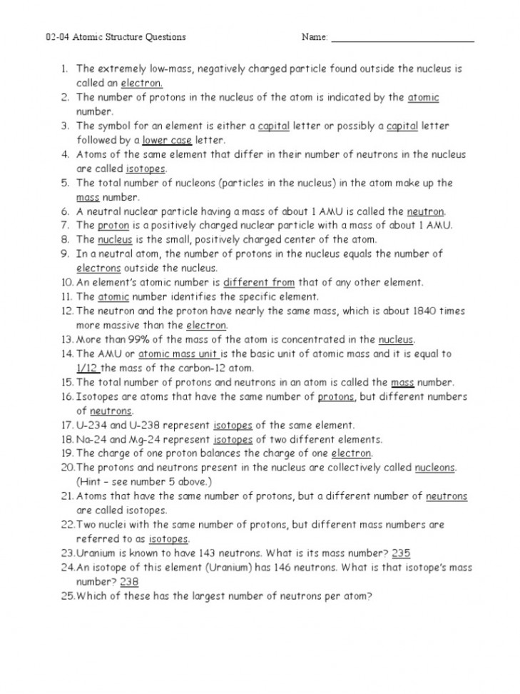 - Atomic Structure Worksheet - Answers  PDF  Atoms  Atomic