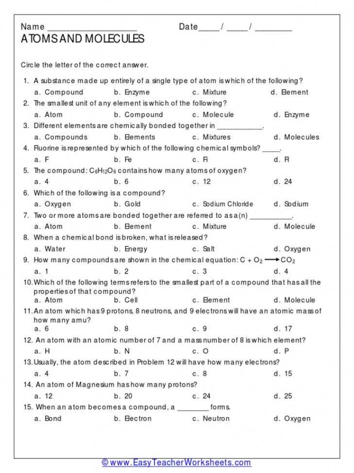 Atoms and Molecules Worksheet  PDF  Chemical Compounds  Atoms