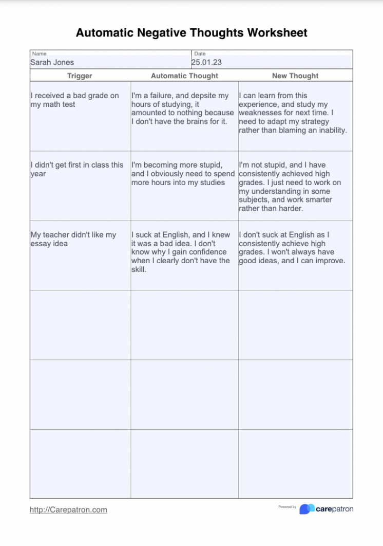 Automatic Negative Thoughts Worksheet & Example  Free PDF Download