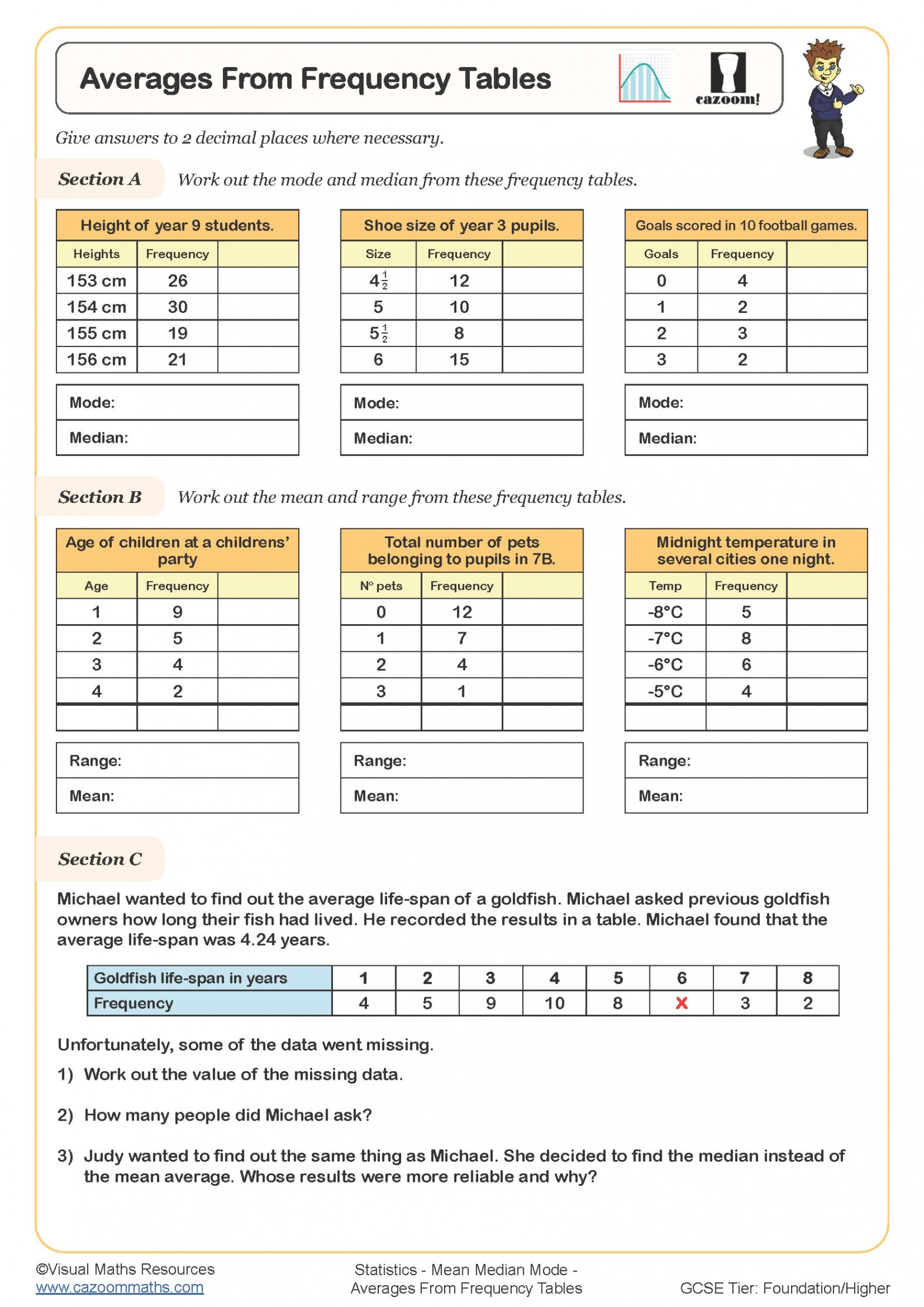 Averages from Frequency Tables Worksheet  Printable PDF Worksheets