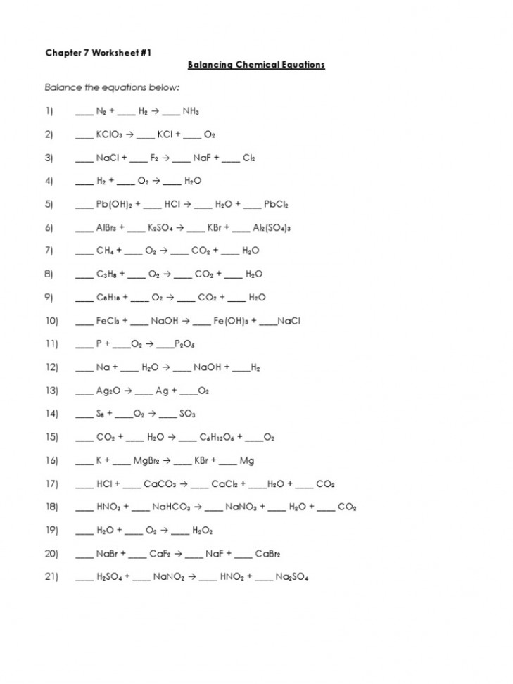 Balance The Equations Below:: Chapter  Worksheet # Balancing